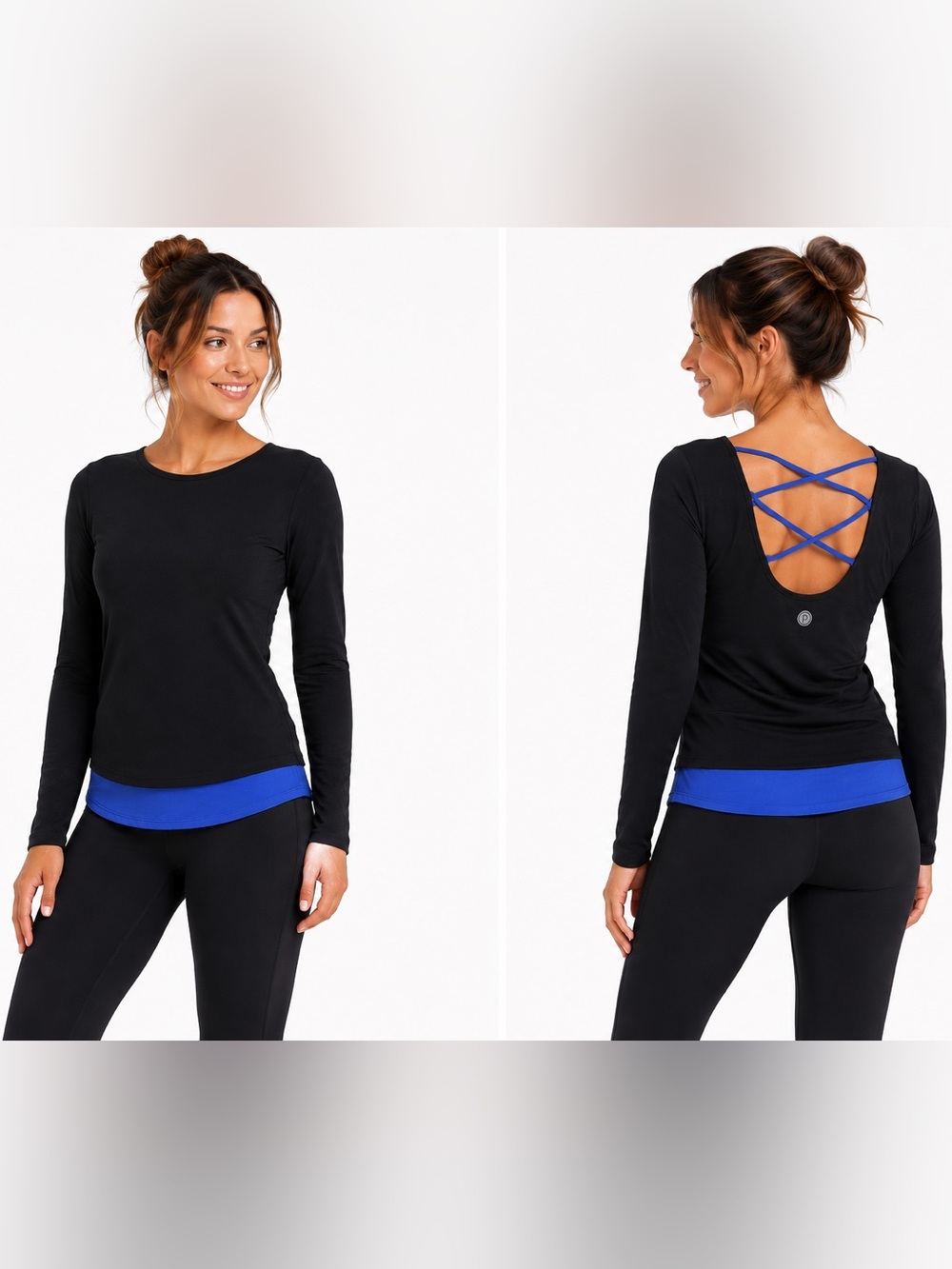 Pure Barre Black Long-Sleeve Top with Blue Hem and Strappy Back CT